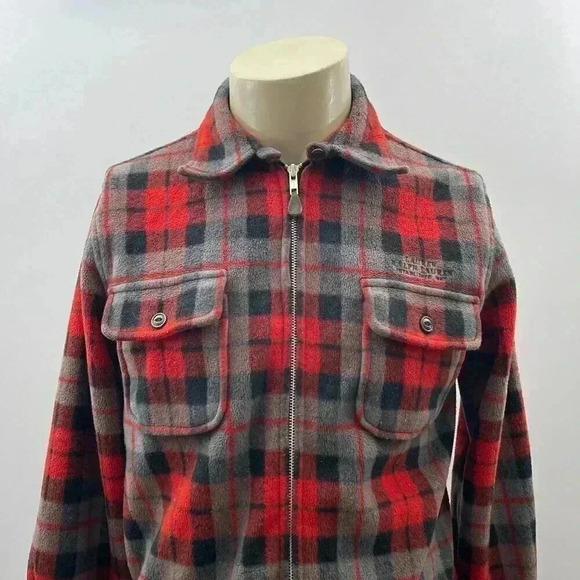 Fleece Flannel Shirt Size M Ralph Lauren Zip Up Red Gray Logo Camping Hiking - Picture 7 of 9